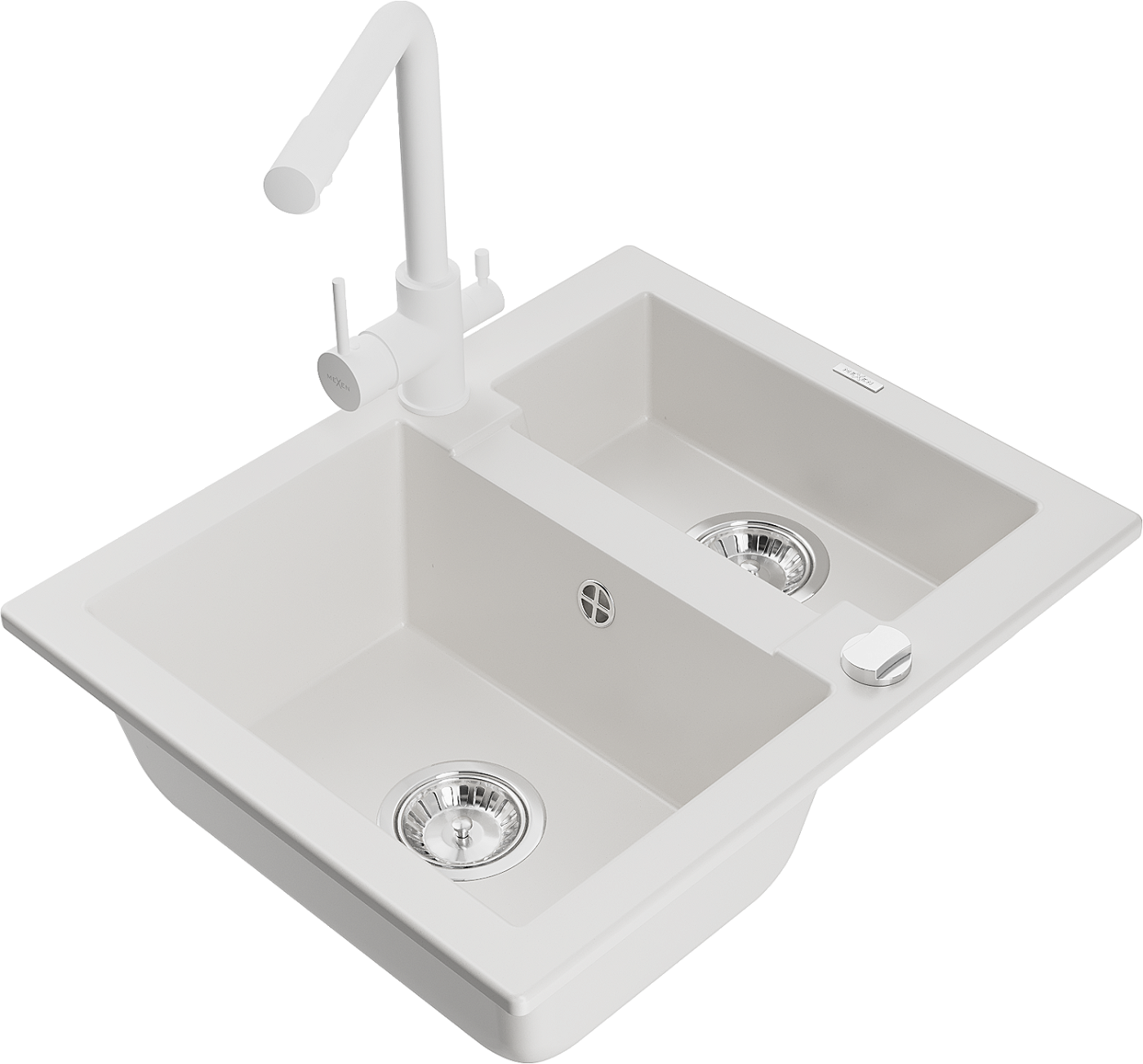 Mexen Carlos zlewozmywak granitowy 1,5-komorowy z baterią kuchenną Duero, biały - 6518-20-671600-20