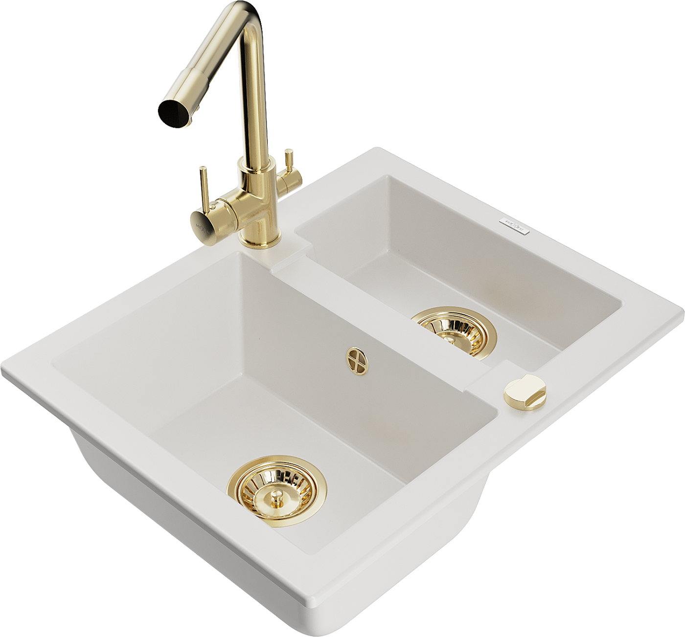 Mexen Carlos zlewozmywak granitowy 1,5-komorowy z baterią kuchenną Duero, biały - 6518-20-671600-50