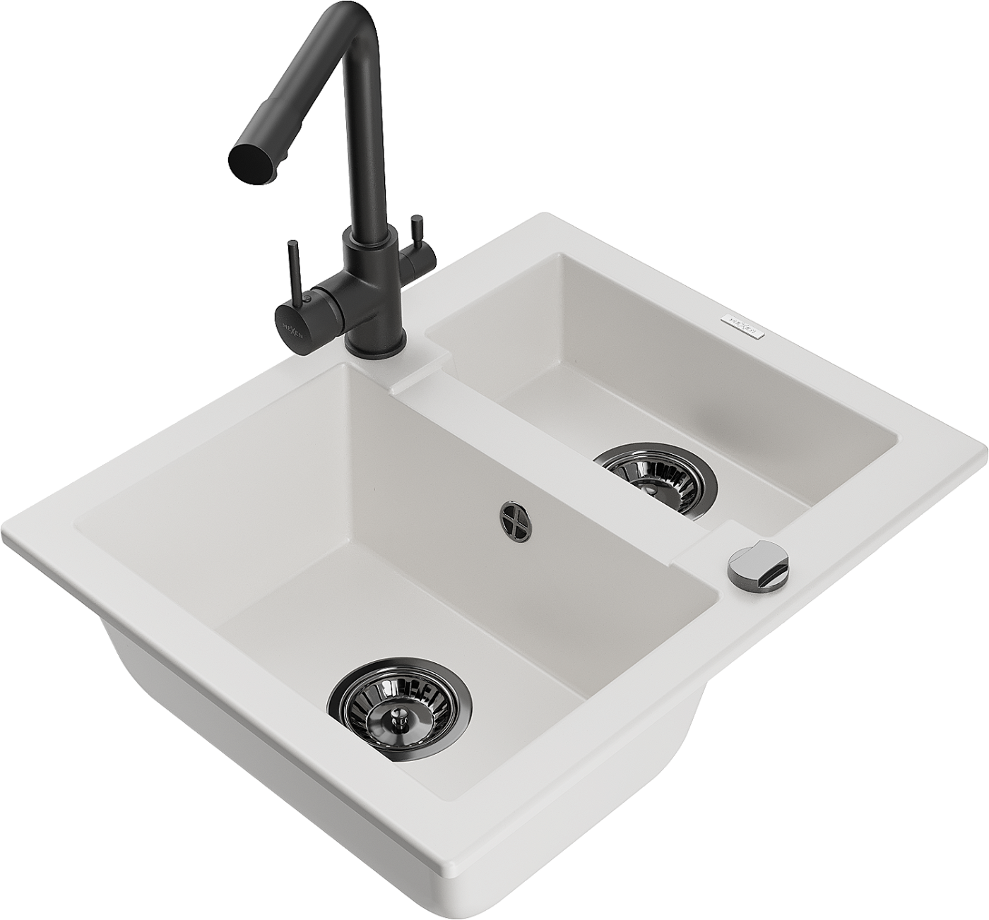 Mexen Carlos zlewozmywak granitowy 1,5-komorowy z baterią kuchenną Duero, biały - 6518-20-671600-70