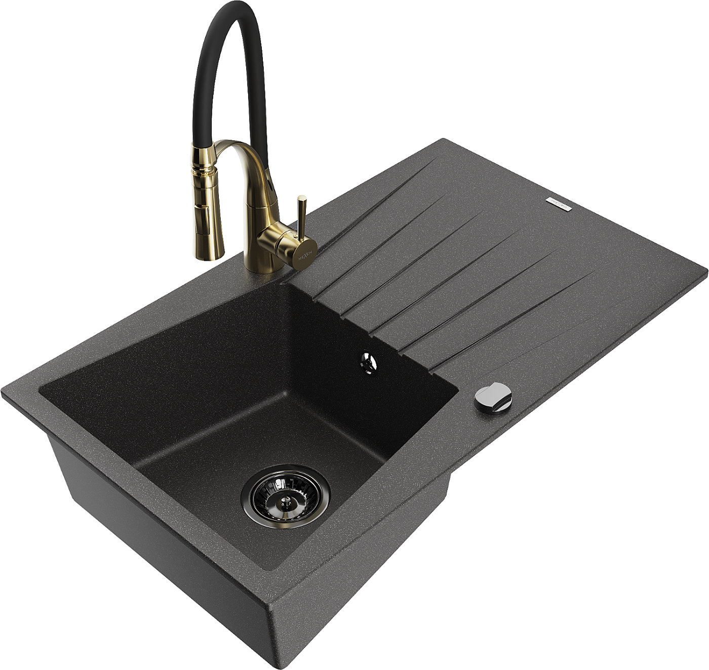 Mexen Cesar zlewozmywak granitowy 1-komorowy z ociekaczem i baterią kuchenną Aster, czarny nakrapiany - 6514-76-73450-57-B