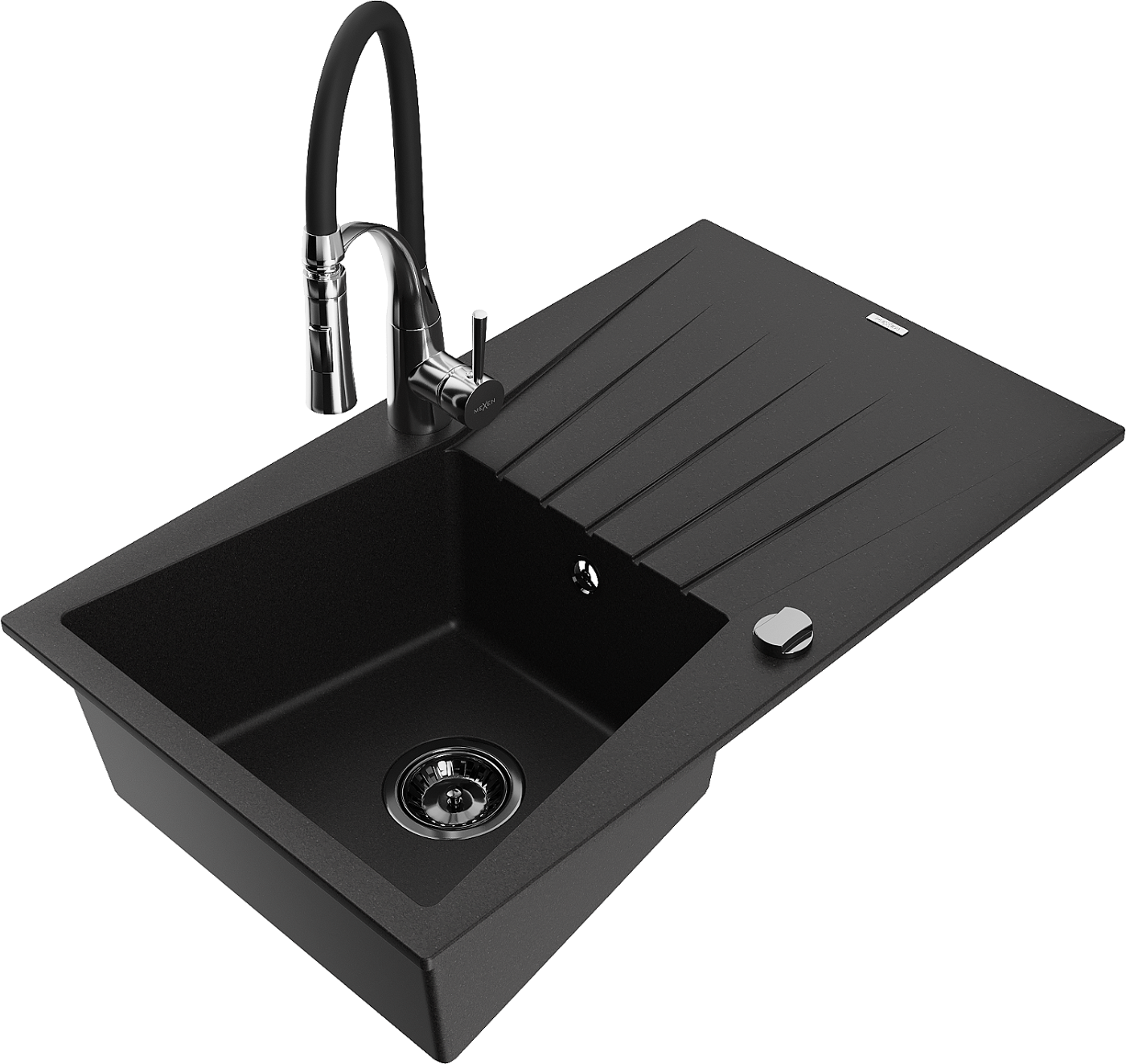 Mexen Cesar zlewozmywak granitowy 1-komorowy z ociekaczem i baterią kuchenną Aster, czarny - 6514-77-73450-07-B