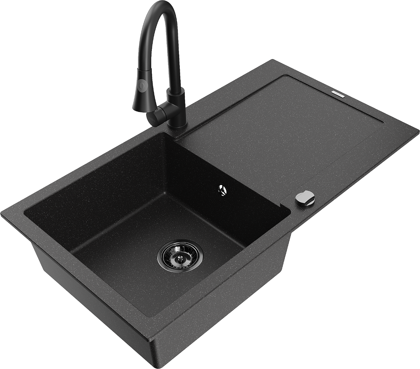 Mexen Leo zlewozmywak granitowy 1-komorowy z ociekaczem i baterią kuchenną Elia, czarny/srebrny metalik - 6501-73-670101-70-B