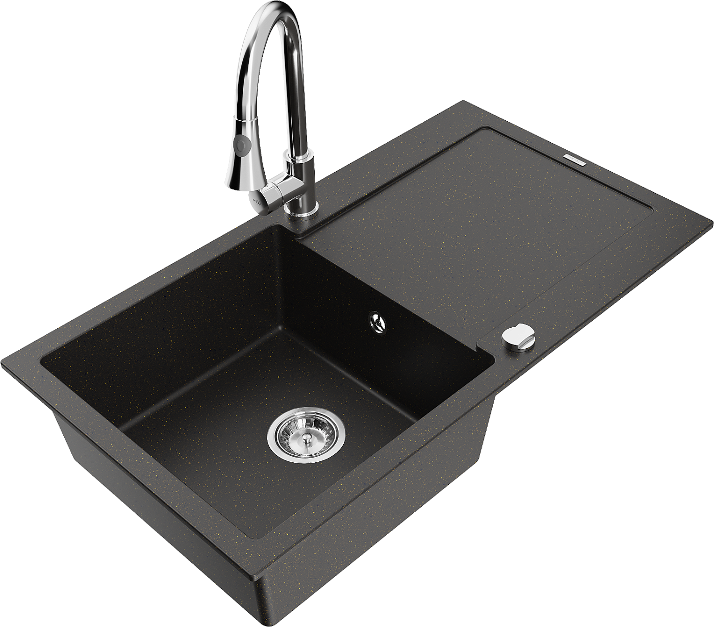 Mexen Leo zlewozmywak granitowy 1-komorowy z ociekaczem i baterią kuchenną Elia, czarny/złoty metalik - 6501-75-670101-00