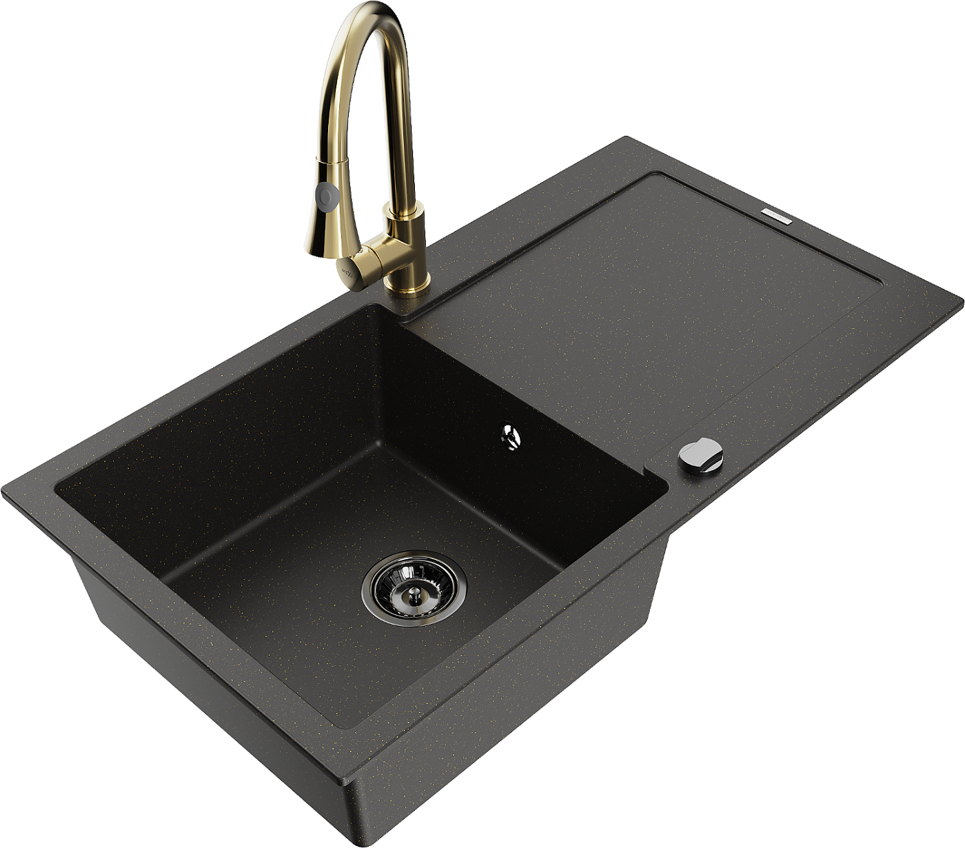 Mexen Leo zlewozmywak granitowy 1-komorowy z ociekaczem i baterią kuchenną Elia, czarny/złoty metalik - 6501-75-670101-50-B