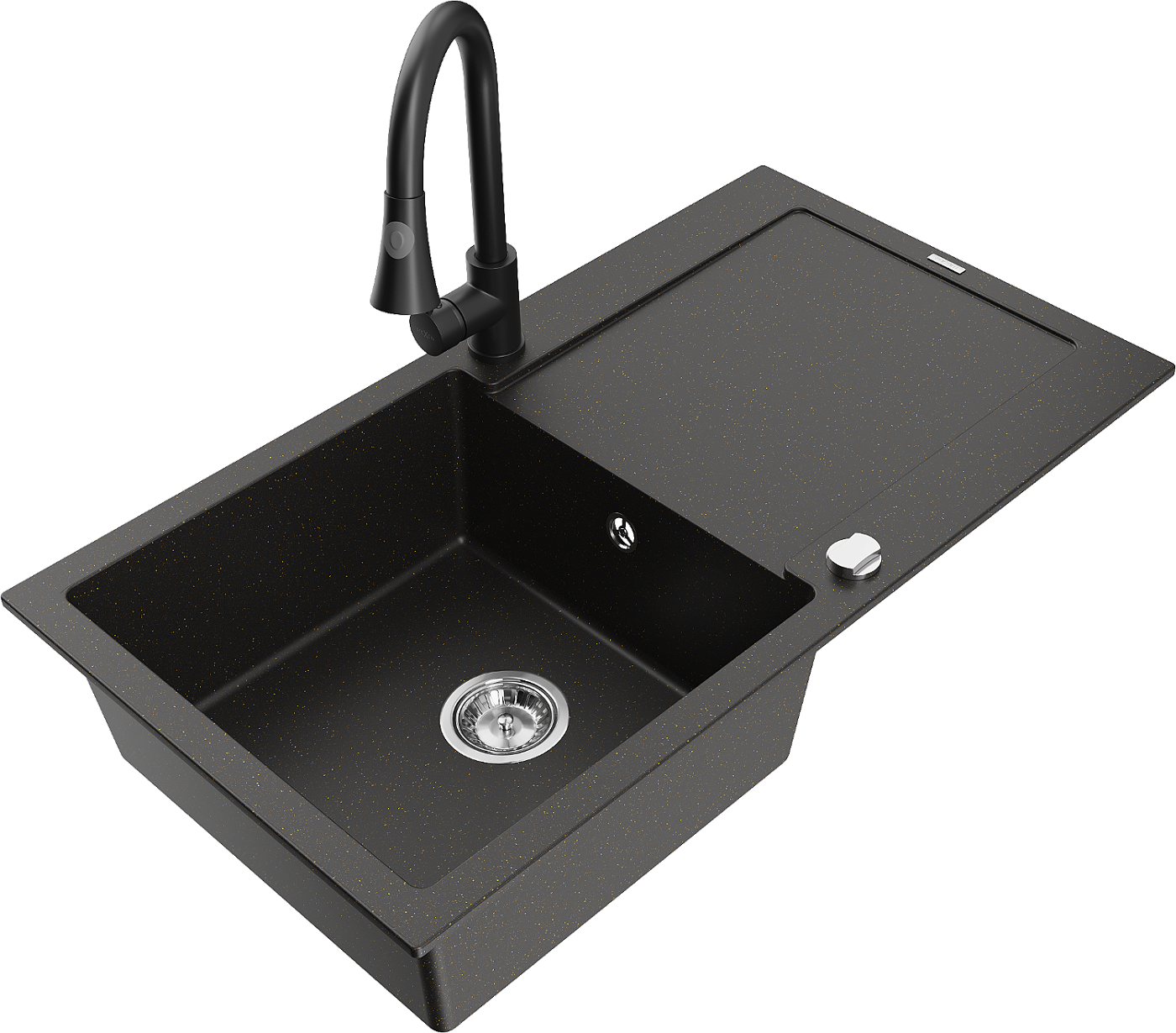 Mexen Leo zlewozmywak granitowy 1-komorowy z ociekaczem i baterią kuchenną Elia, czarny/złoty metalik - 6501-75-670101-70