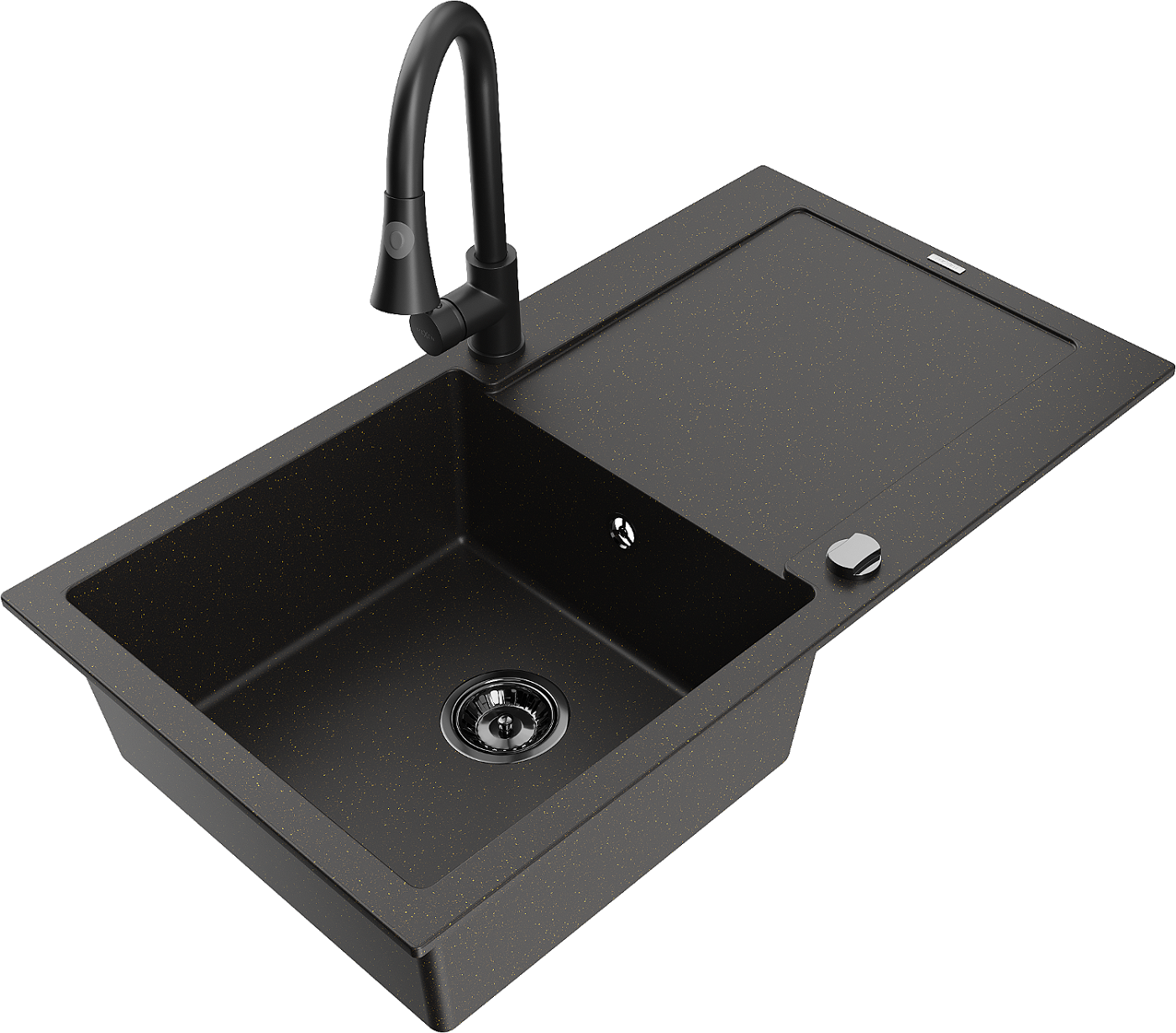 Mexen Leo zlewozmywak granitowy 1-komorowy z ociekaczem i baterią kuchenną Elia, czarny/złoty metalik - 6501-75-670101-70-B