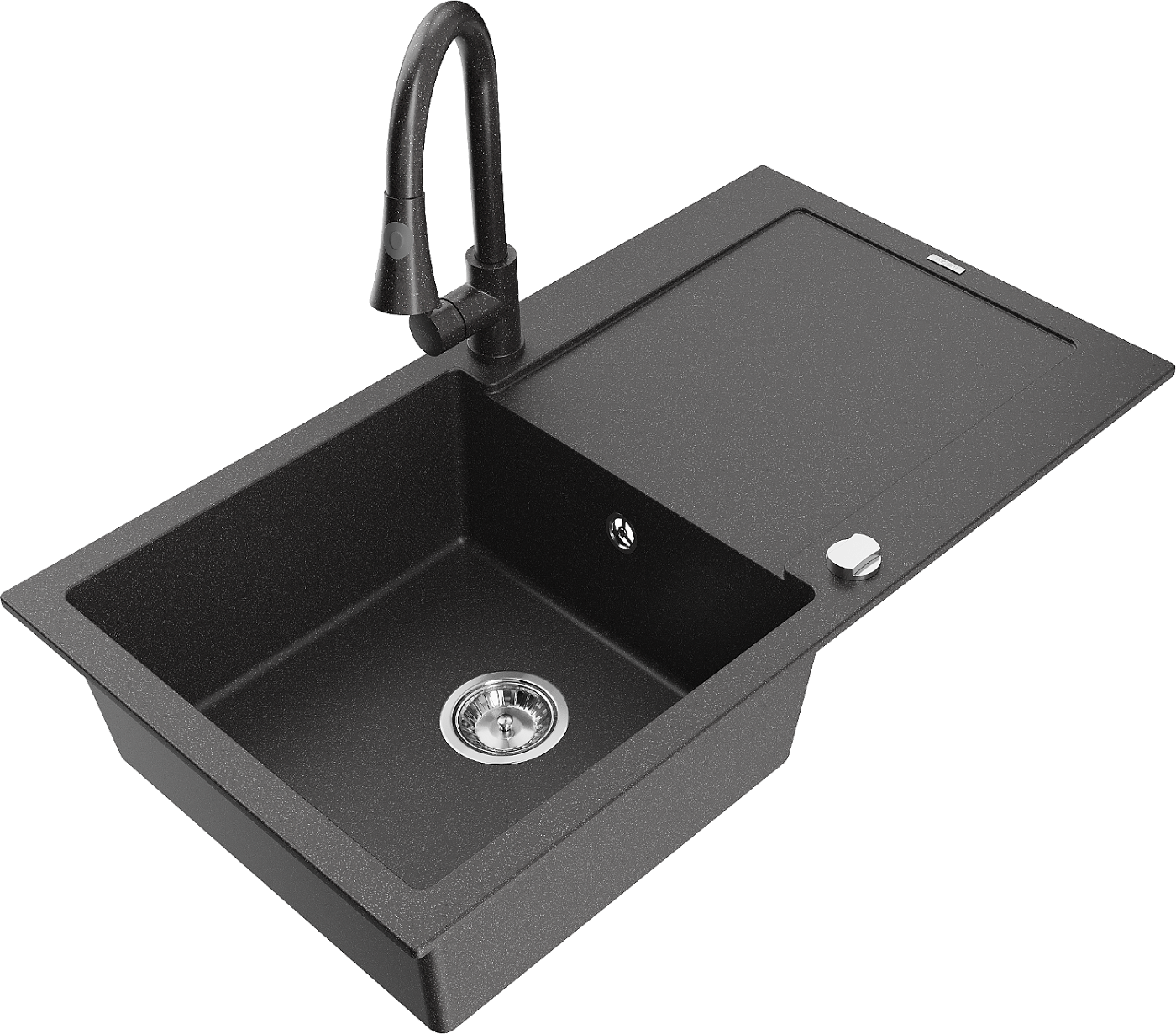Mexen Leo zlewozmywak granitowy 1-komorowy z ociekaczem i baterią kuchenną Elia, czarny nakrapiany - 6501-76-670101-76