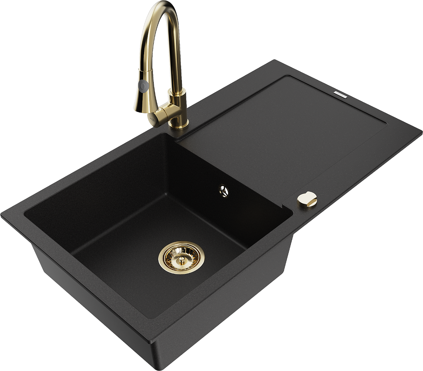 Mexen Leo zlewozmywak granitowy 1-komorowy z ociekaczem i baterią kuchenną Elia, czarny - 6501-77-670101-50