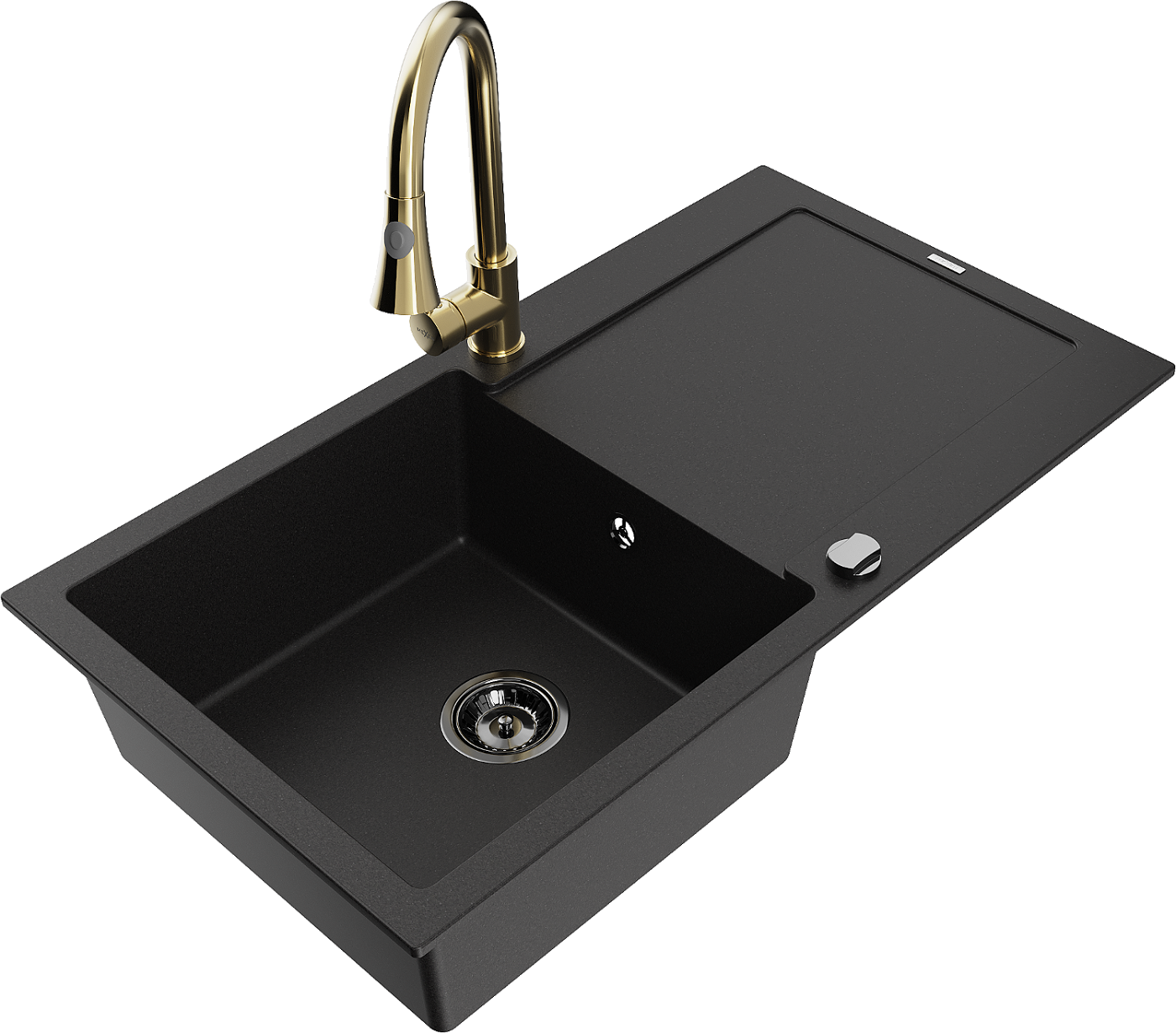 Mexen Leo zlewozmywak granitowy 1-komorowy z ociekaczem i baterią kuchenną Elia, czarny - 6501-77-670101-50-B