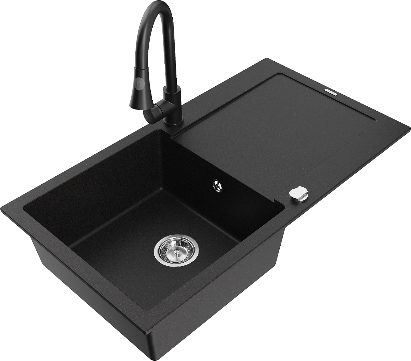 Mexen Leo zlewozmywak granitowy 1-komorowy z ociekaczem i baterią kuchenną Elia, czarny - 6501-77-670101-70