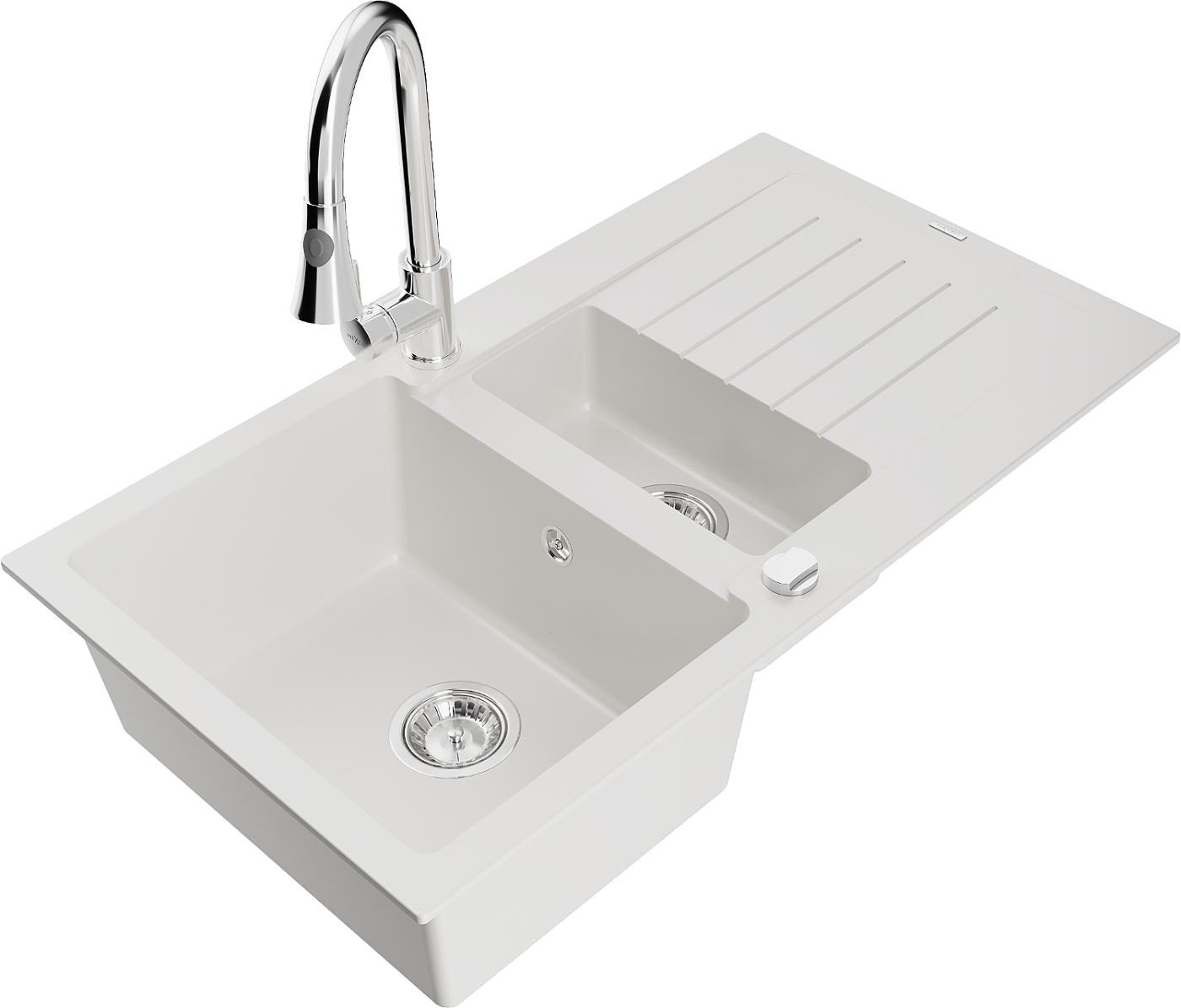 Mexen Matias zlewozmywak granitowy 1,5-komorowy z ociekaczem i baterią kuchenną Elia, biały - 6502-20-670101-00