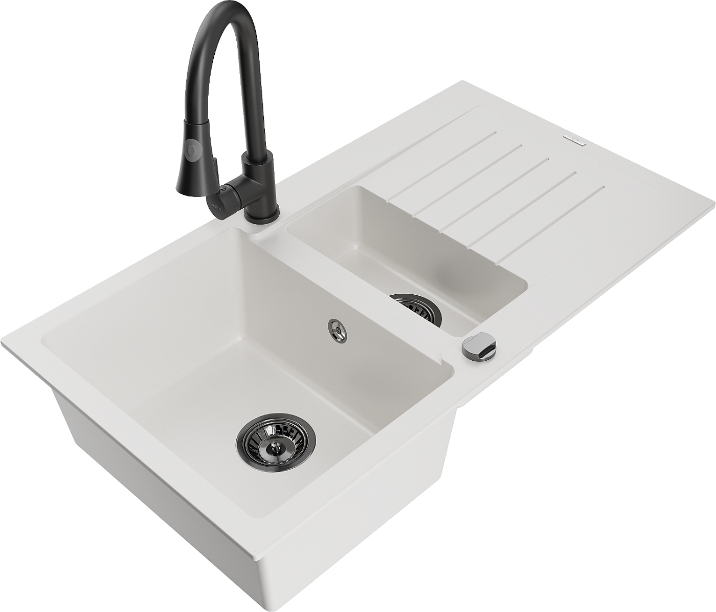 Mexen Matias zlewozmywak granitowy 1,5-komorowy z ociekaczem i baterią kuchenną Elia, biały - 6502-20-670101-70