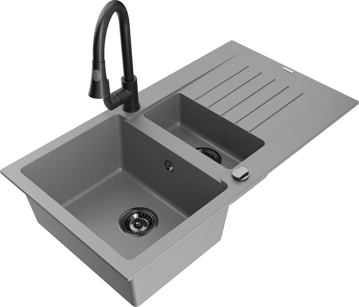 Mexen Matias zlewozmywak granitowy 1,5-komorowy z ociekaczem i baterią kuchenną Elia, szary - 6502-71-670101-70-B