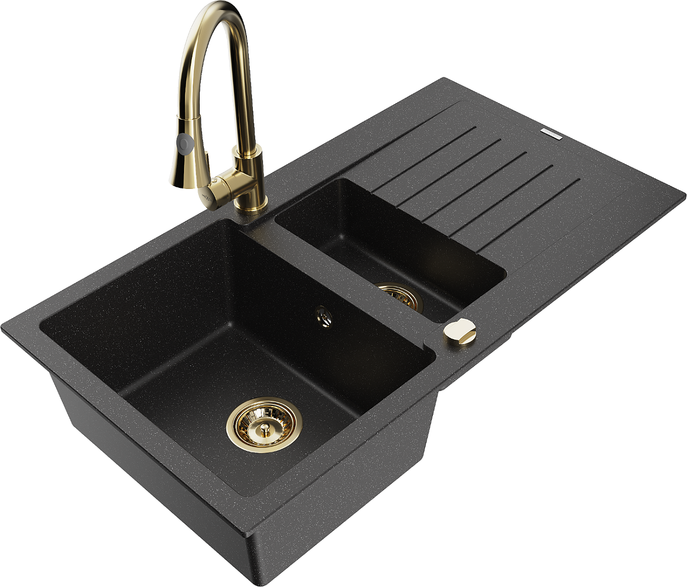 Mexen Matias zlewozmywak granitowy 1,5-komorowy z ociekaczem i baterią kuchenną Elia, czarny/srebrny metalik - 6502-73-670101-50
