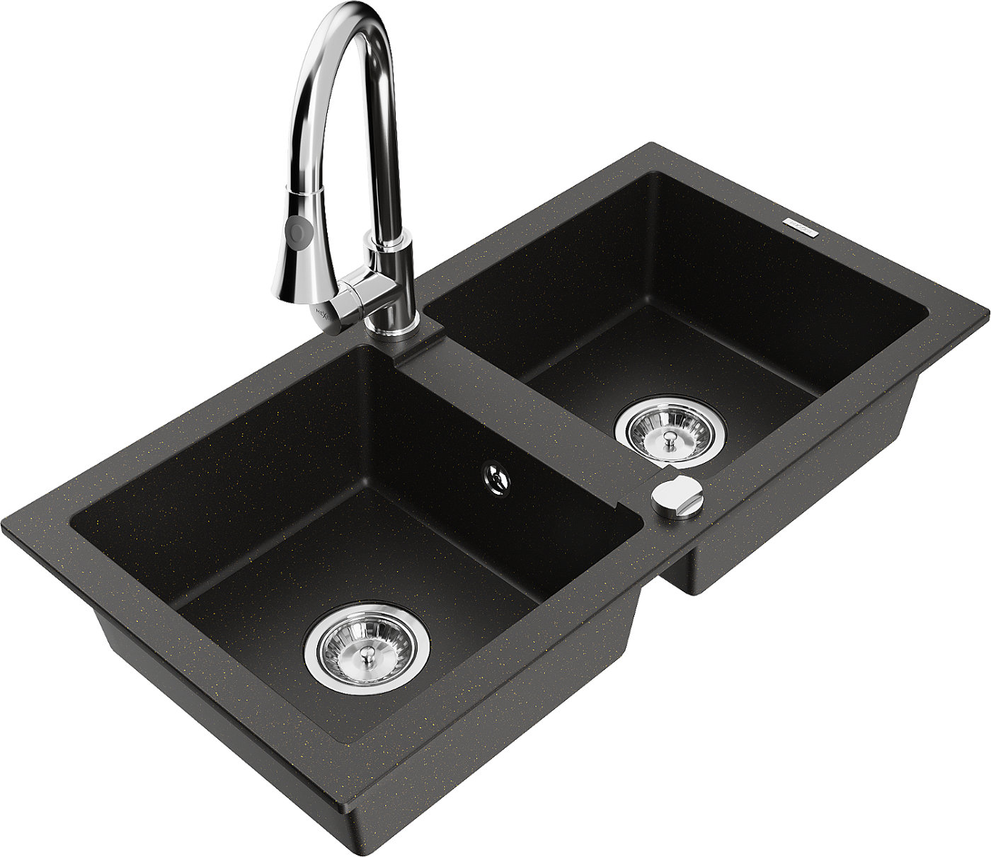 Mexen Mario zlewozmywak granitowy 2-komorowy z baterią kuchenną Elia, czarny/złoty metalik - 6504-75-670101-00