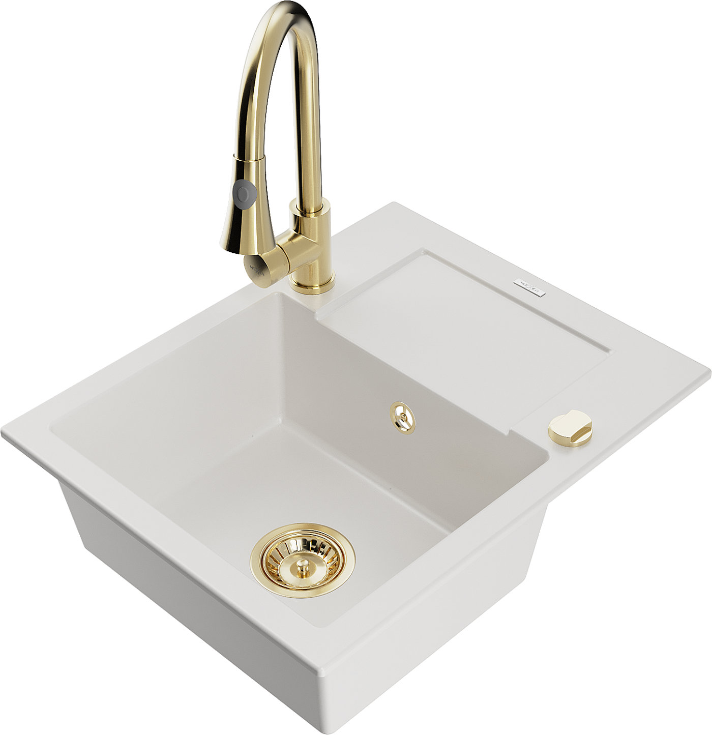 Mexen Enzo zlewozmywak granitowy 1-komorowy z ociekaczem i baterią kuchenną Elia, biały - 6506-20-670101-50