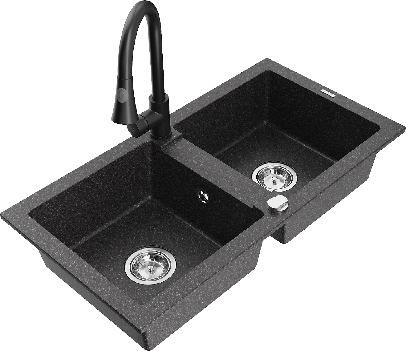 Mexen Mario zlewozmywak granitowy 2-komorowy z baterią kuchenną Elia, czarny nakrapiany - 6504-76-670101-70