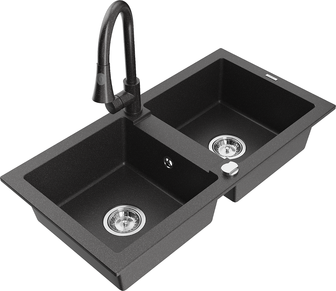 Mexen Mario zlewozmywak granitowy 2-komorowy z baterią kuchenną Elia, czarny nakrapiany - 6504-76-670101-76