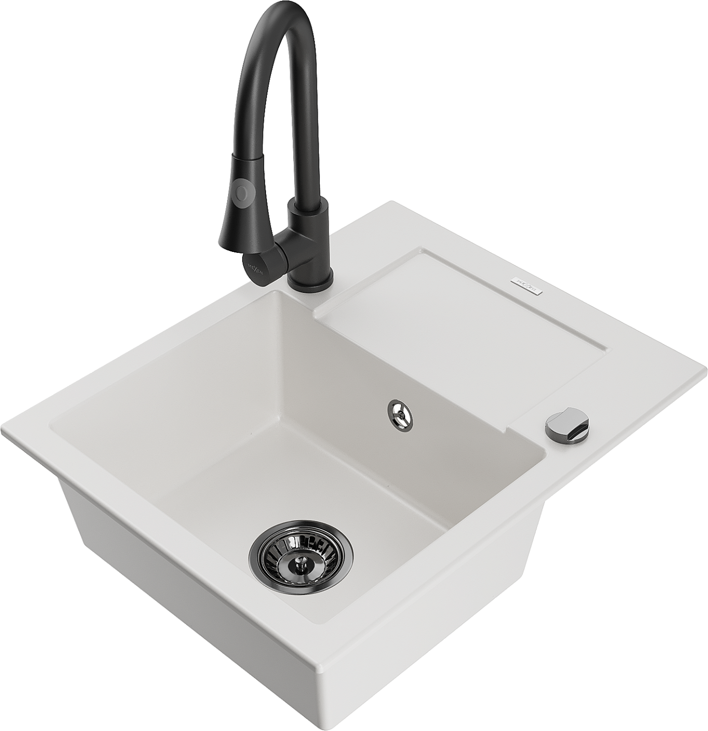 Mexen Enzo zlewozmywak granitowy 1-komorowy z ociekaczem i baterią kuchenną Elia, biały - 6506-20-670101-70