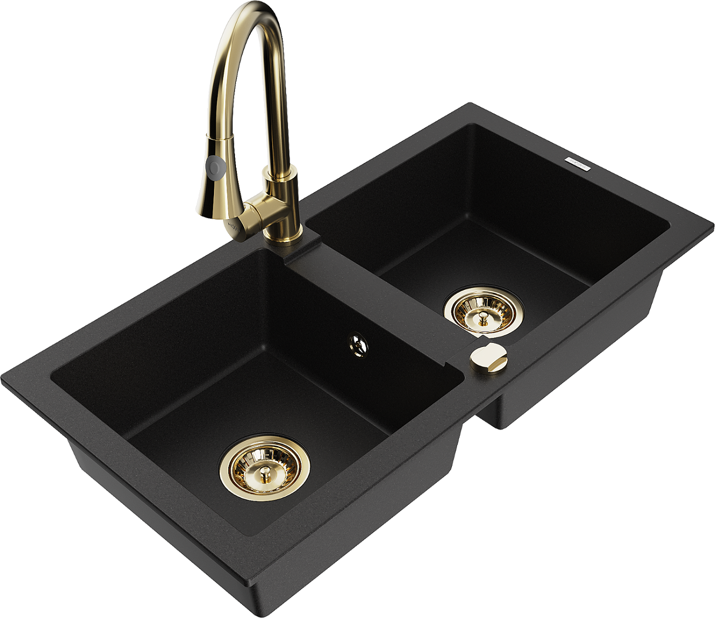 Mexen Mario zlewozmywak granitowy 2-komorowy z baterią kuchenną Elia, czarny - 6504-77-670101-50