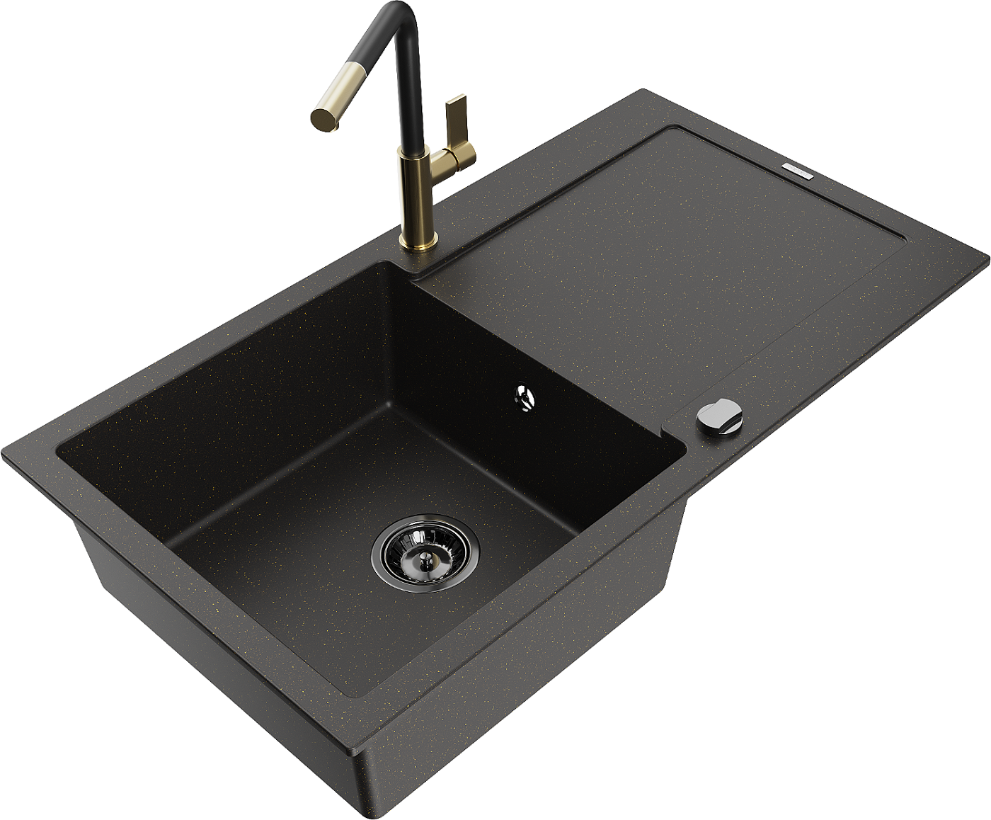 Mexen Leo zlewozmywak granitowy 1-komorowy z ociekaczem i baterią kuchenną Flora, czarny/złoty metalik - 6501-75-670401-57-B