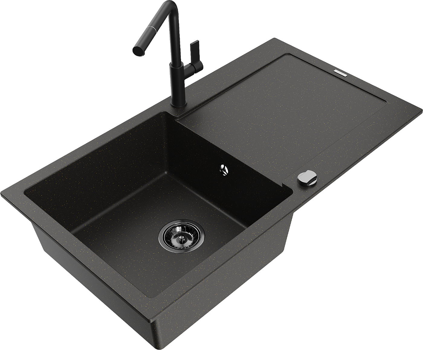 Mexen Leo zlewozmywak granitowy 1-komorowy z ociekaczem i baterią kuchenną Flora, czarny/złoty metalik - 6501-75-670401-70-B
