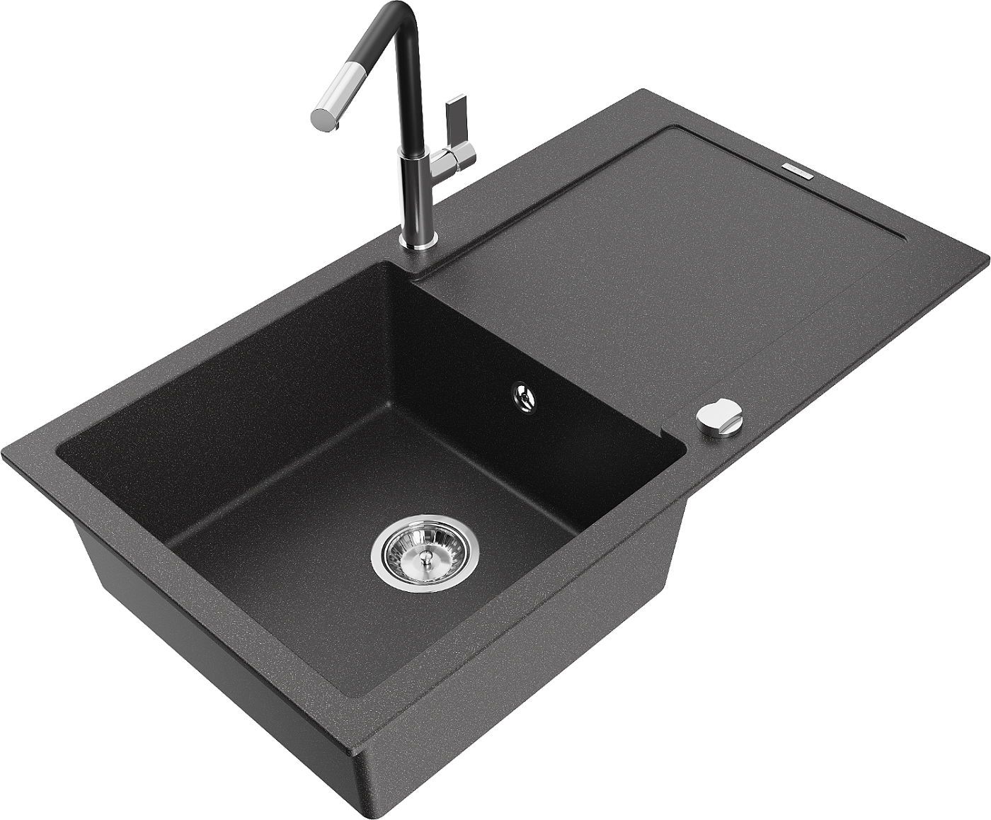 Mexen Leo zlewozmywak granitowy 1-komorowy z ociekaczem i baterią kuchenną Flora, czarny nakrapiany - 6501-76-670401-07