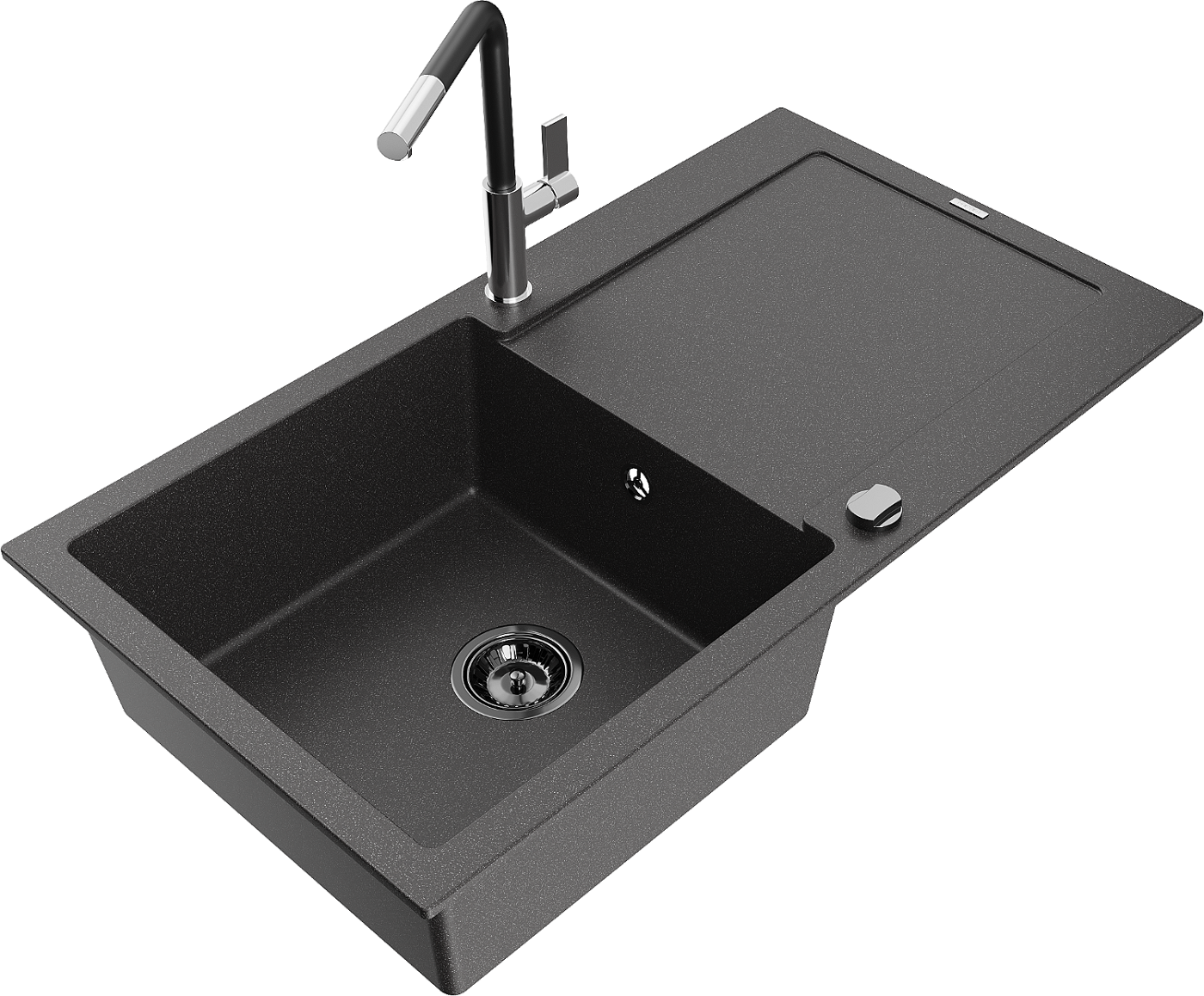 Mexen Leo zlewozmywak granitowy 1-komorowy z ociekaczem i baterią kuchenną Flora, czarny nakrapiany - 6501-76-670401-07-B