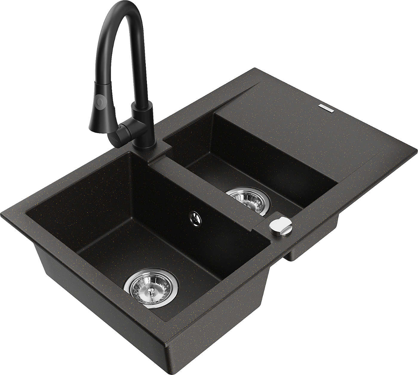 Mexen Gaspar zlewozmywak granitowy 1,5-komorowy z ociekaczem i baterią kuchenną Elia, czarny/złoty metalik - 6507-75-670101-70