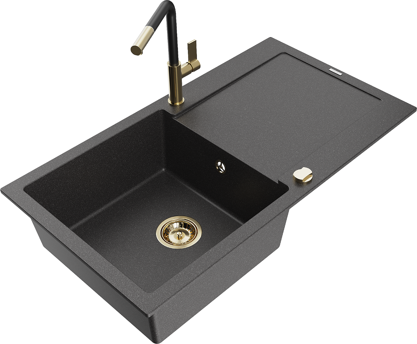 Mexen Leo zlewozmywak granitowy 1-komorowy z ociekaczem i baterią kuchenną Flora, czarny nakrapiany - 6501-76-670401-57-G