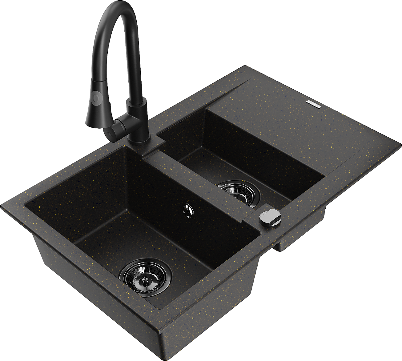 Mexen Gaspar zlewozmywak granitowy 1,5-komorowy z ociekaczem i baterią kuchenną Elia, czarny/złoty metalik - 6507-75-670101-70-B