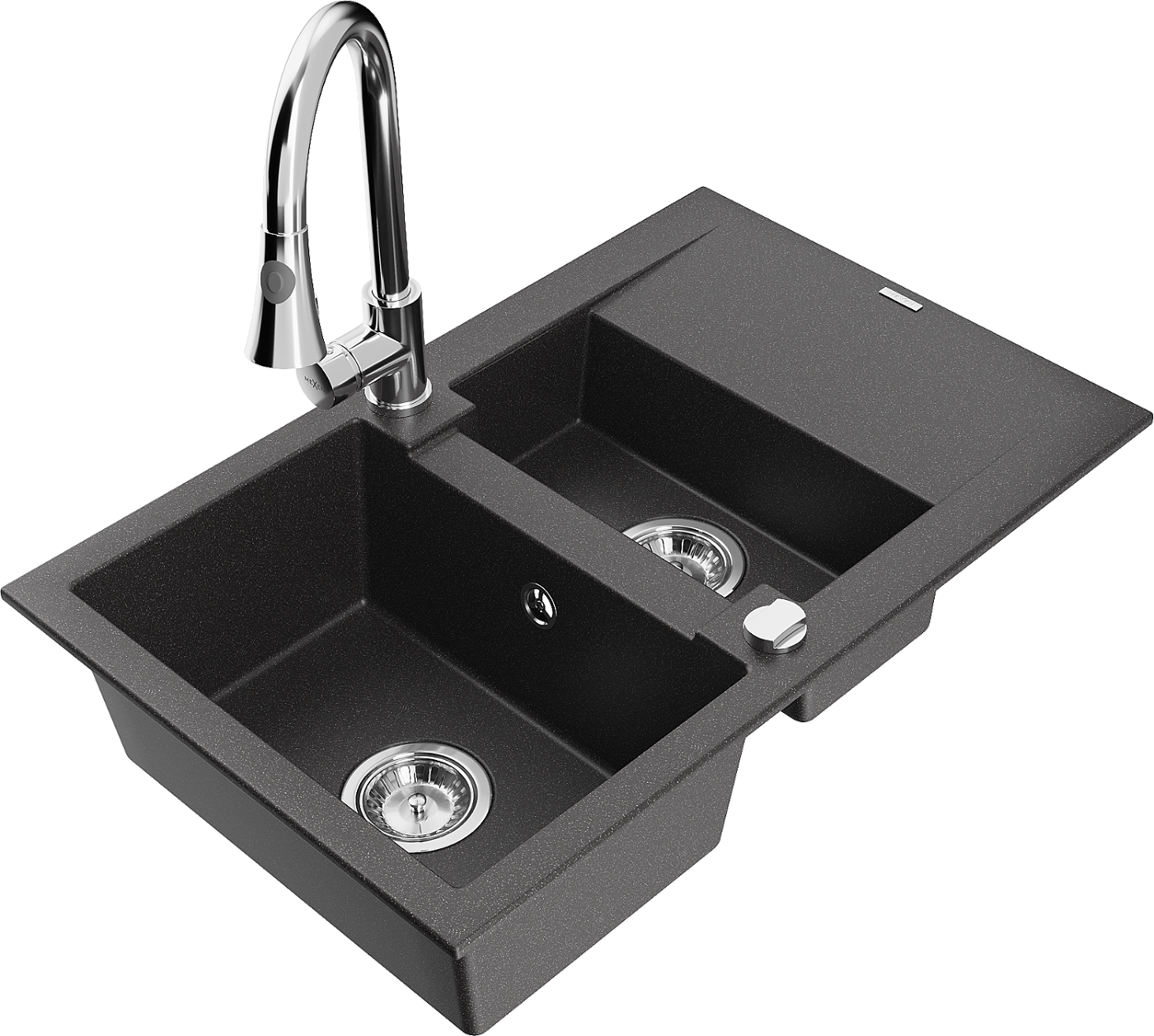 Mexen Gaspar zlewozmywak granitowy 1,5-komorowy z ociekaczem i baterią kuchenną Elia, czarny nakrapiany - 6507-76-670101-00