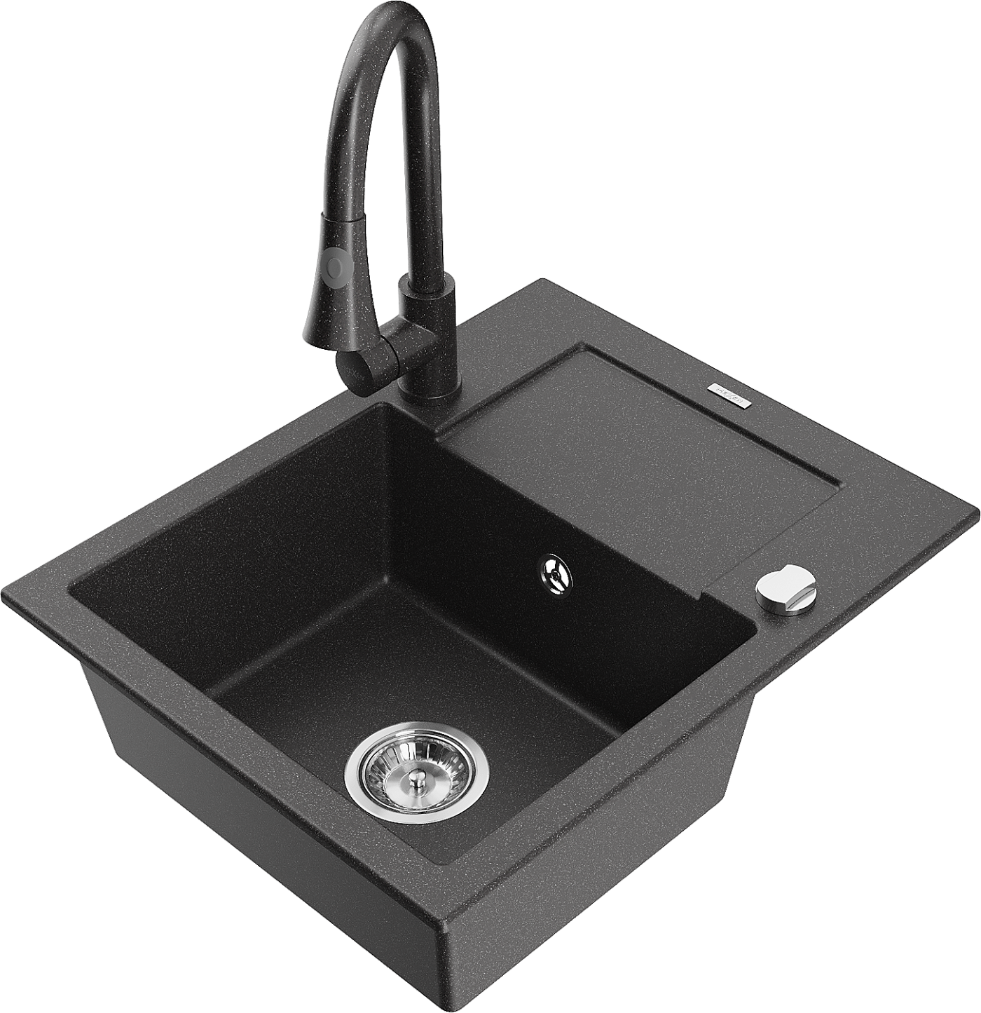 Mexen Enzo zlewozmywak granitowy 1-komorowy z ociekaczem i baterią kuchenną Elia, czarny nakrapiany - 6506-76-670101-76
