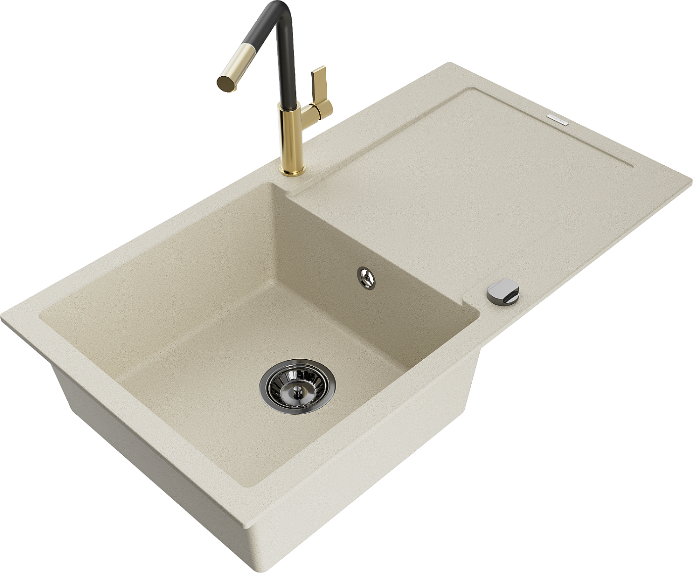 Mexen Leo zlewozmywak granitowy 1-komorowy z ociekaczem i baterią kuchenną Flora, beżowy - 6501-69-670401-57-B