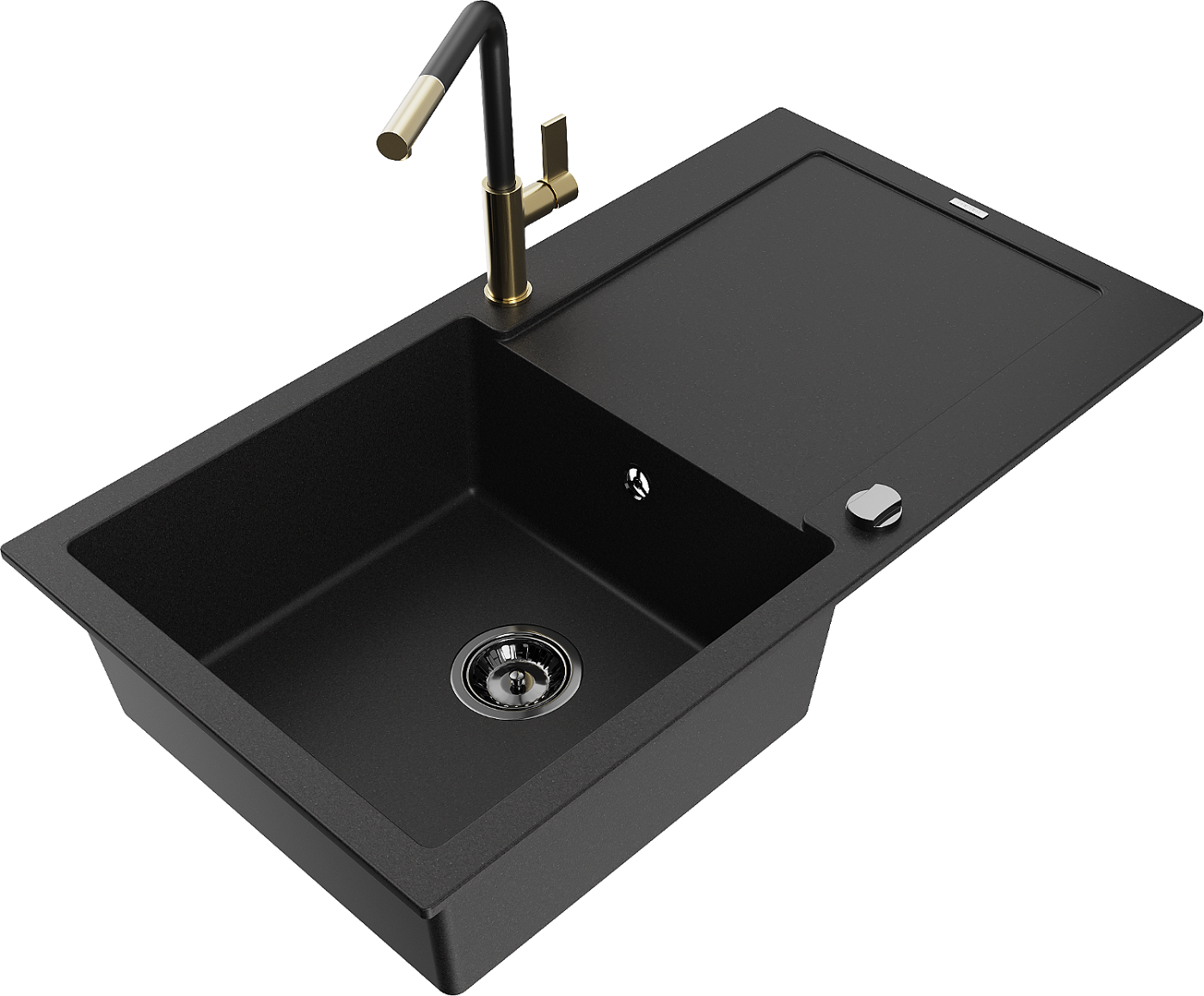 Mexen Leo zlewozmywak granitowy 1-komorowy z ociekaczem i baterią kuchenną Flora, czarny - 6501-77-670401-57-B