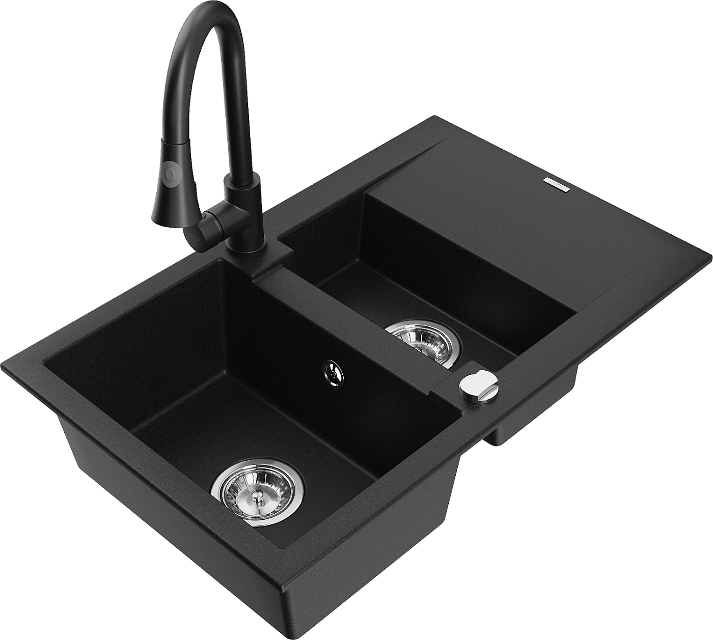 Mexen Gaspar zlewozmywak granitowy 1,5-komorowy z ociekaczem i baterią kuchenną Elia, czarny - 6507-77-670101-70