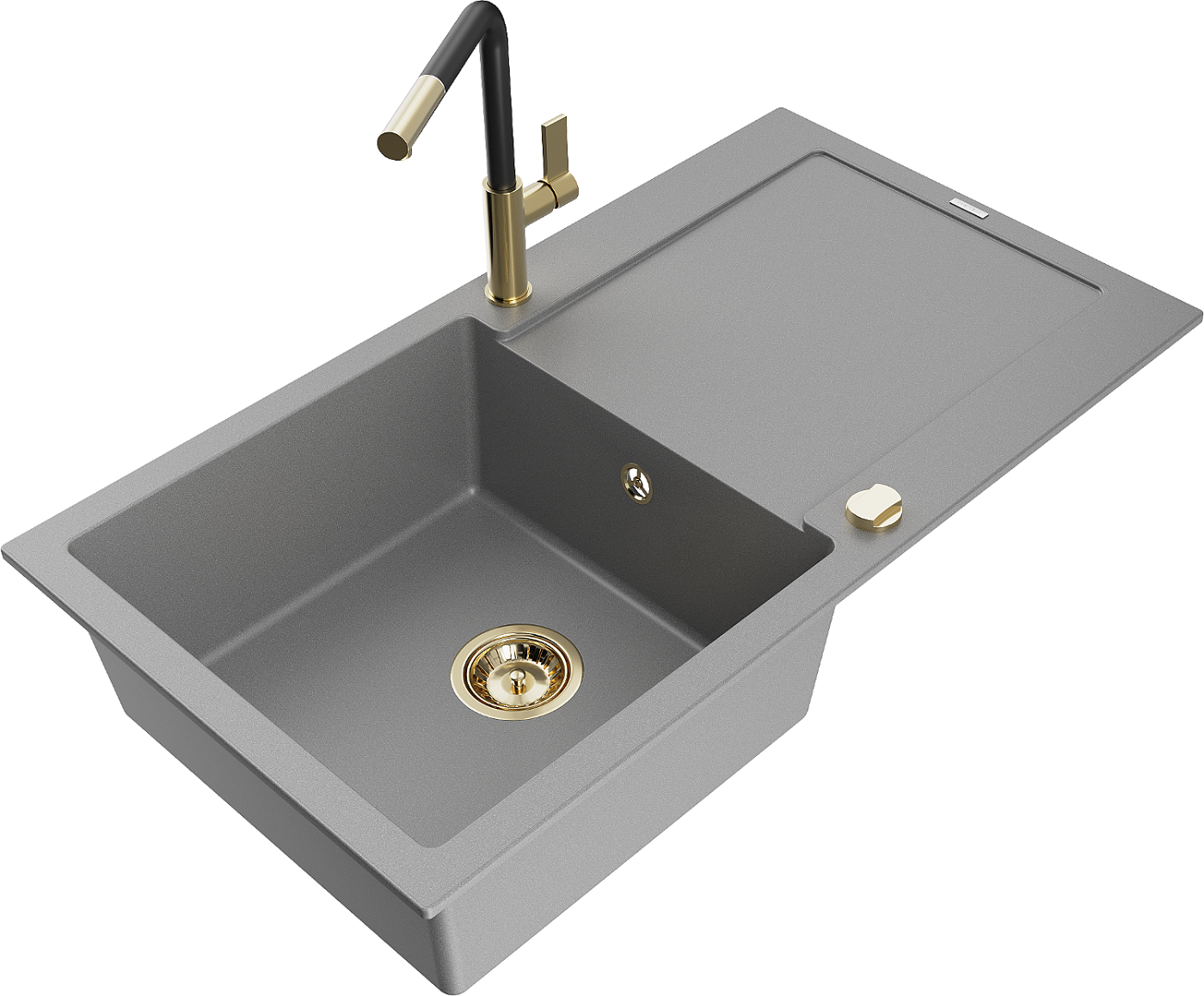 Mexen Leo zlewozmywak granitowy 1-komorowy z ociekaczem i baterią kuchenną Flora, szary - 6501-71-670401-57-G