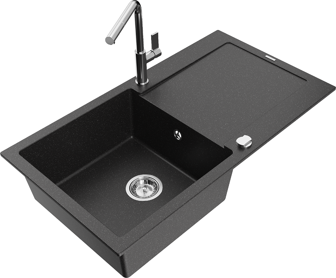 Mexen Leo zlewozmywak granitowy 1-komorowy z ociekaczem i baterią kuchenną Flora, czarny/srebrny metalik - 6501-73-670401-00
