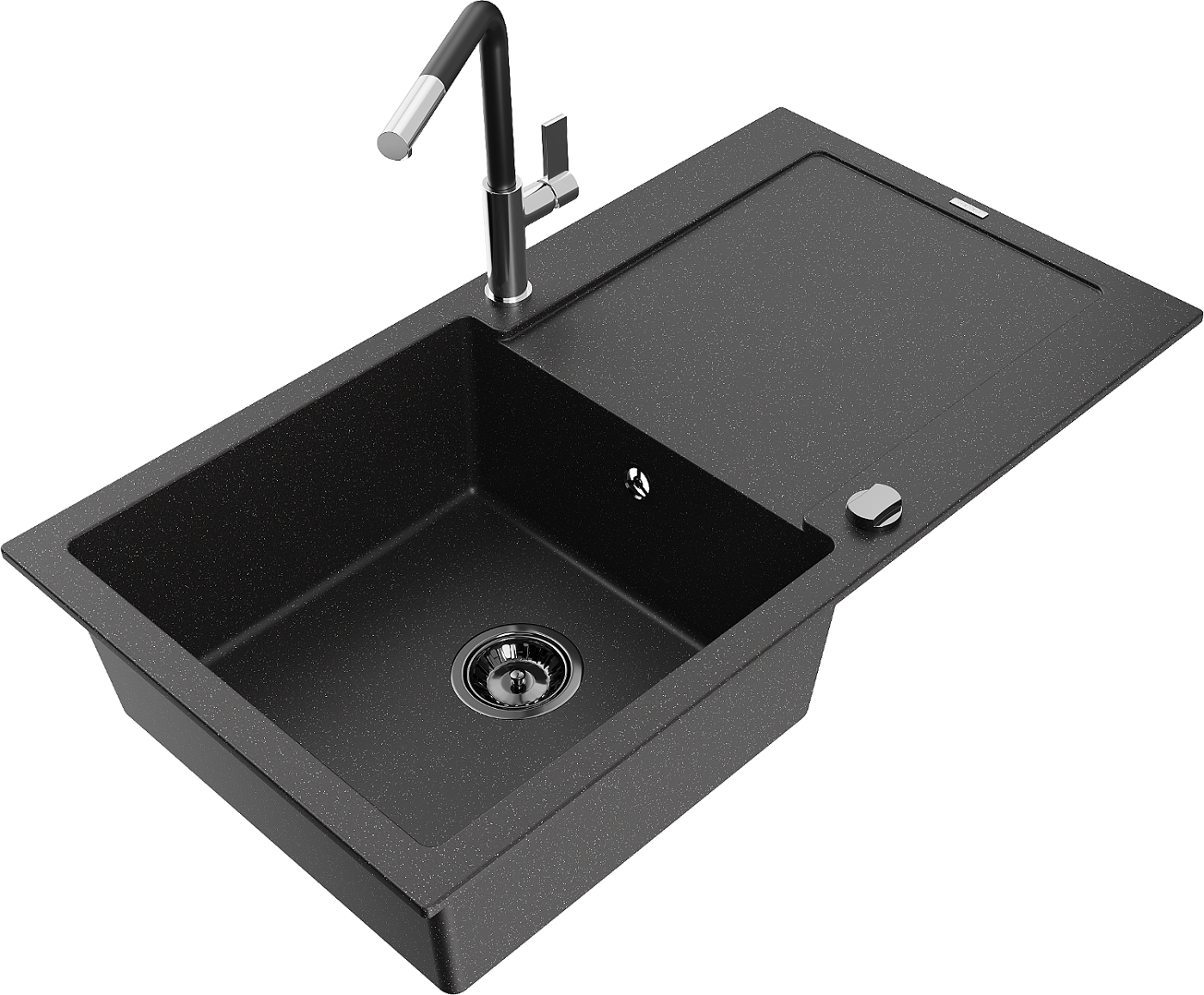 Mexen Leo zlewozmywak granitowy 1-komorowy z ociekaczem i baterią kuchenną Flora, czarny/srebrny metalik - 6501-73-670401-07-B