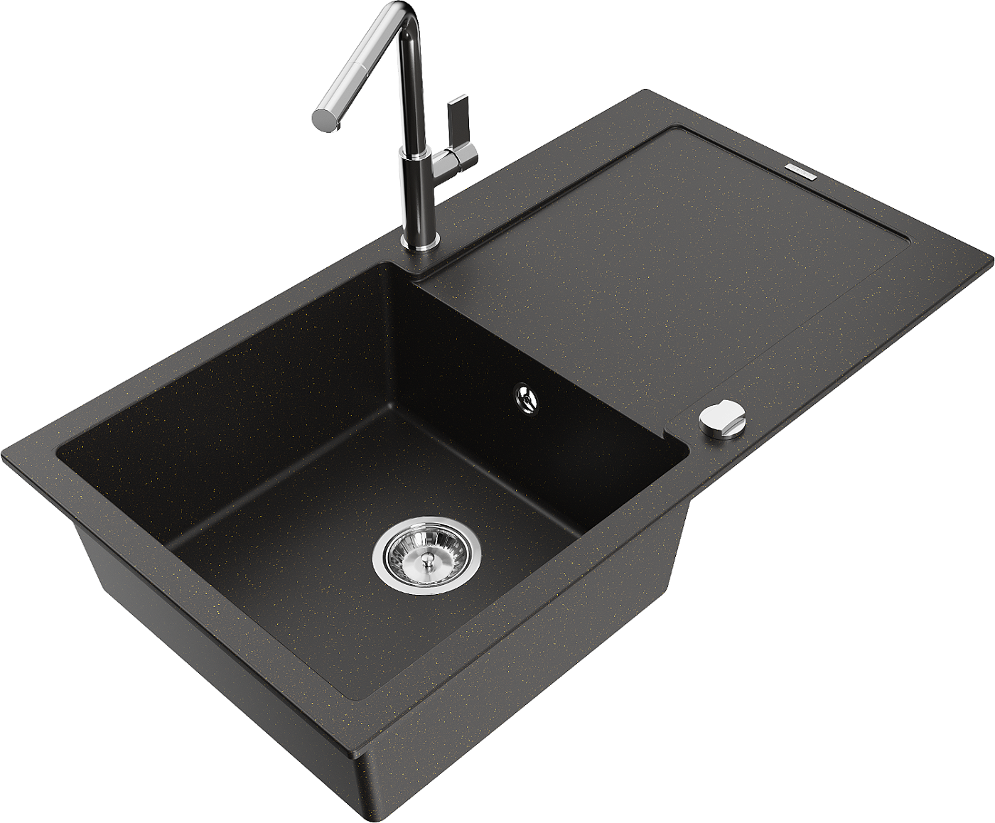 Mexen Leo zlewozmywak granitowy 1-komorowy z ociekaczem i baterią kuchenną Flora, czarny/złoty metalik - 6501-75-670401-00