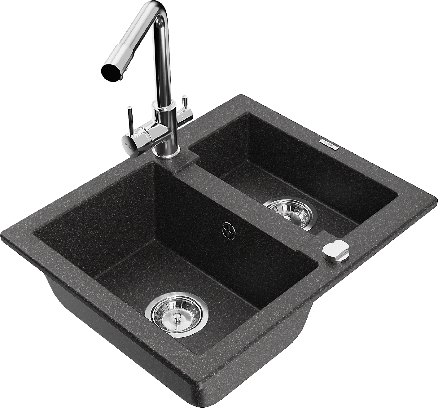 Mexen Carlos zlewozmywak granitowy 1,5-komorowy z baterią kuchenną Duero, czarny nakrapiany - 6518-76-671600-00