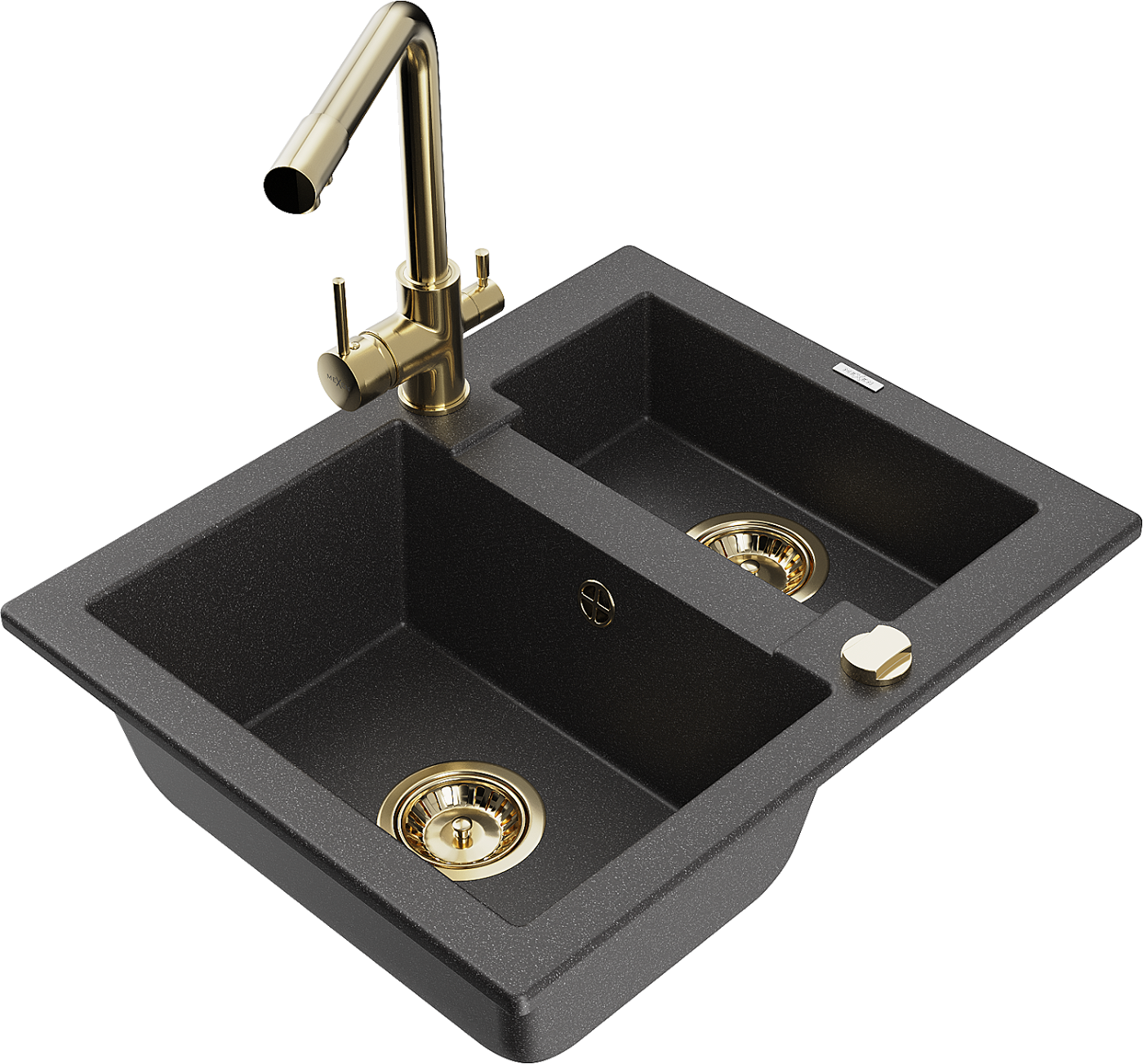 Mexen Carlos zlewozmywak granitowy 1,5-komorowy z baterią kuchenną Duero, czarny nakrapiany - 6518-76-671600-50