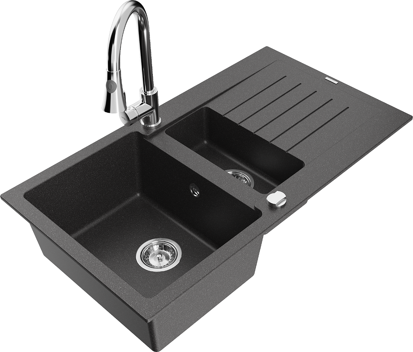Mexen Matias zlewozmywak granitowy 1,5-komorowy z ociekaczem i baterią kuchenną Elia, czarny nakrapiany - 6502-76-670101-00