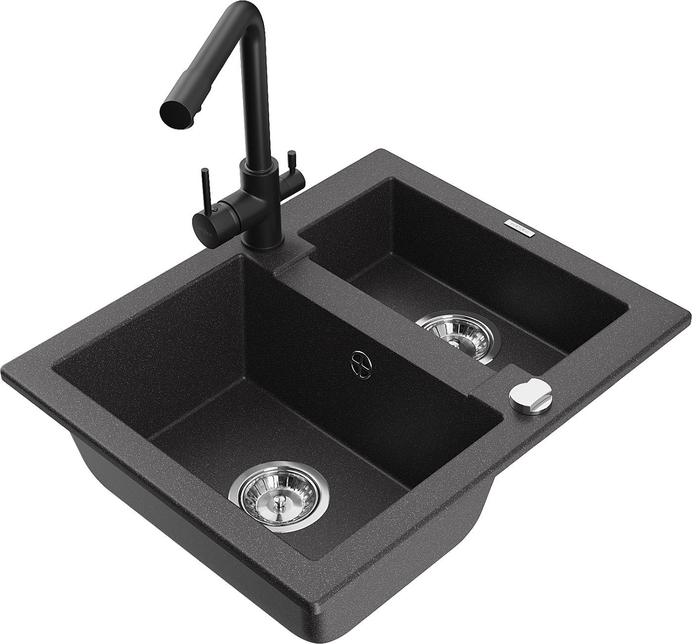 Mexen Carlos zlewozmywak granitowy 1,5-komorowy z baterią kuchenną Duero, czarny nakrapiany - 6518-76-671600-70