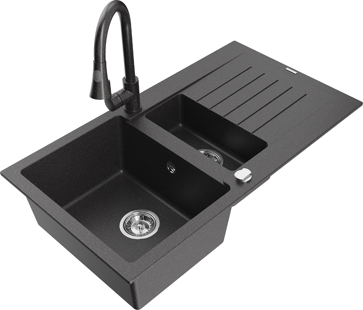 Mexen Matias zlewozmywak granitowy 1,5-komorowy z ociekaczem i baterią kuchenną Elia, czarny nakrapiany - 6502-76-670101-76