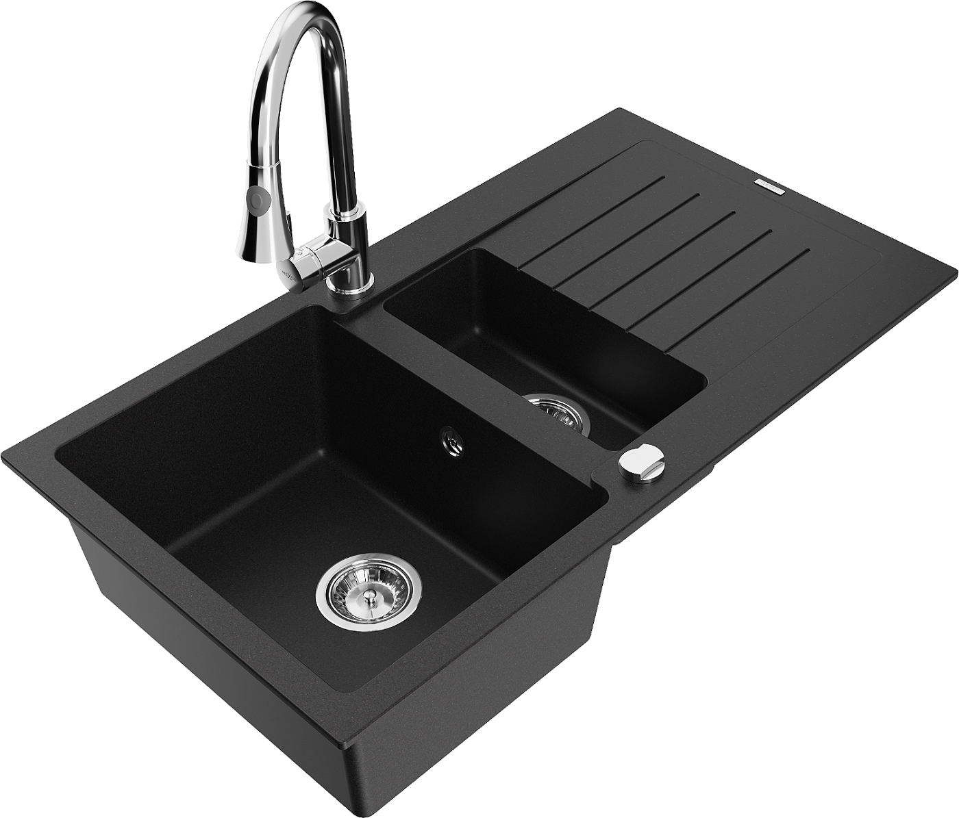 Mexen Matias zlewozmywak granitowy 1,5-komorowy z ociekaczem i baterią kuchenną Elia, czarny - 6502-77-670101-00