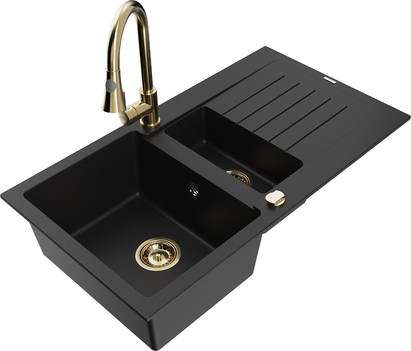 Mexen Matias zlewozmywak granitowy 1,5-komorowy z ociekaczem i baterią kuchenną Elia, czarny - 6502-77-670101-50