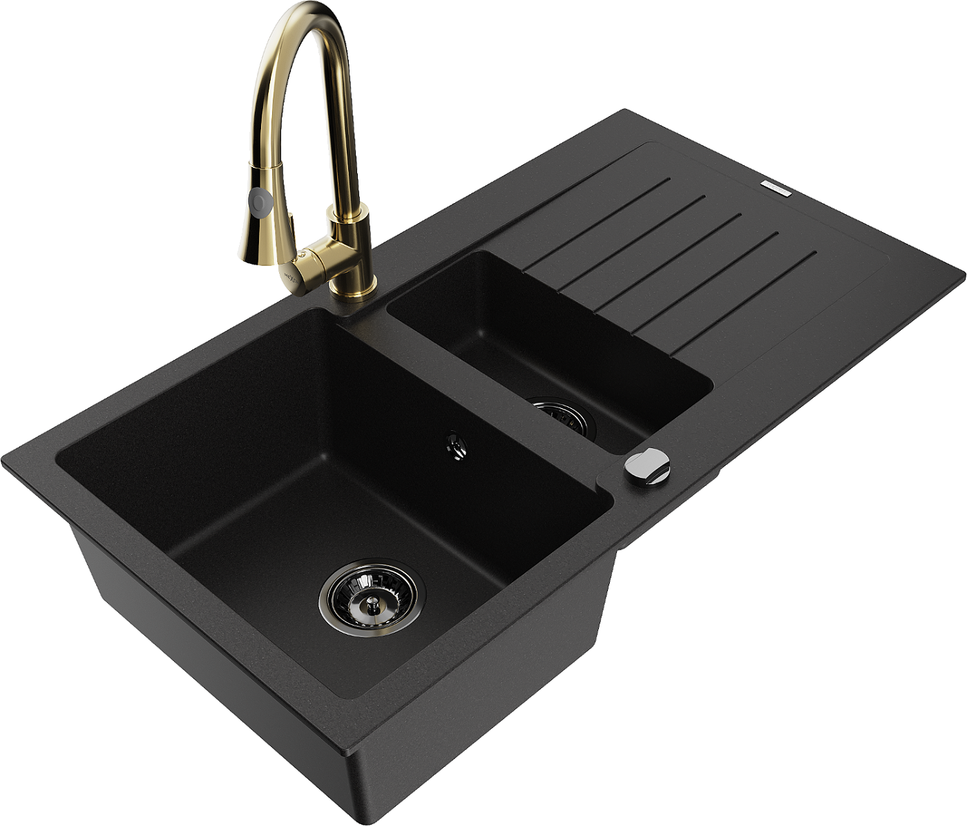Mexen Matias zlewozmywak granitowy 1,5-komorowy z ociekaczem i baterią kuchenną Elia, czarny - 6502-77-670101-50-B