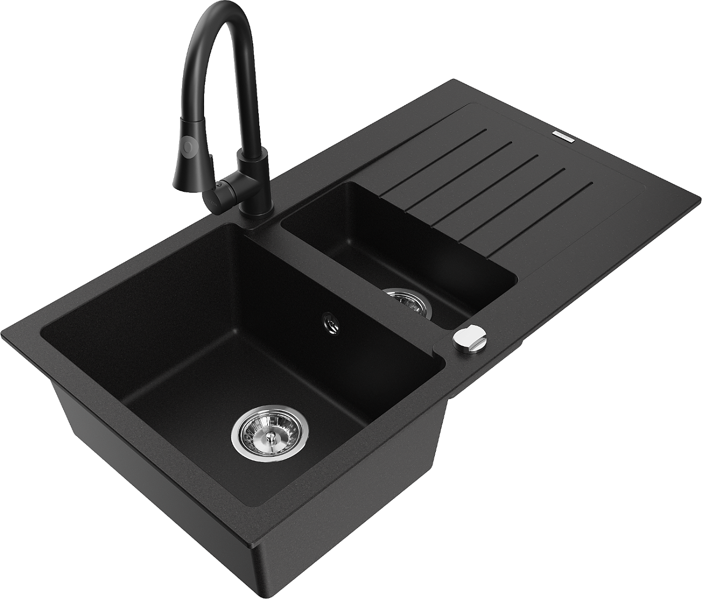 Mexen Matias zlewozmywak granitowy 1,5-komorowy z ociekaczem i baterią kuchenną Elia, czarny - 6502-77-670101-70