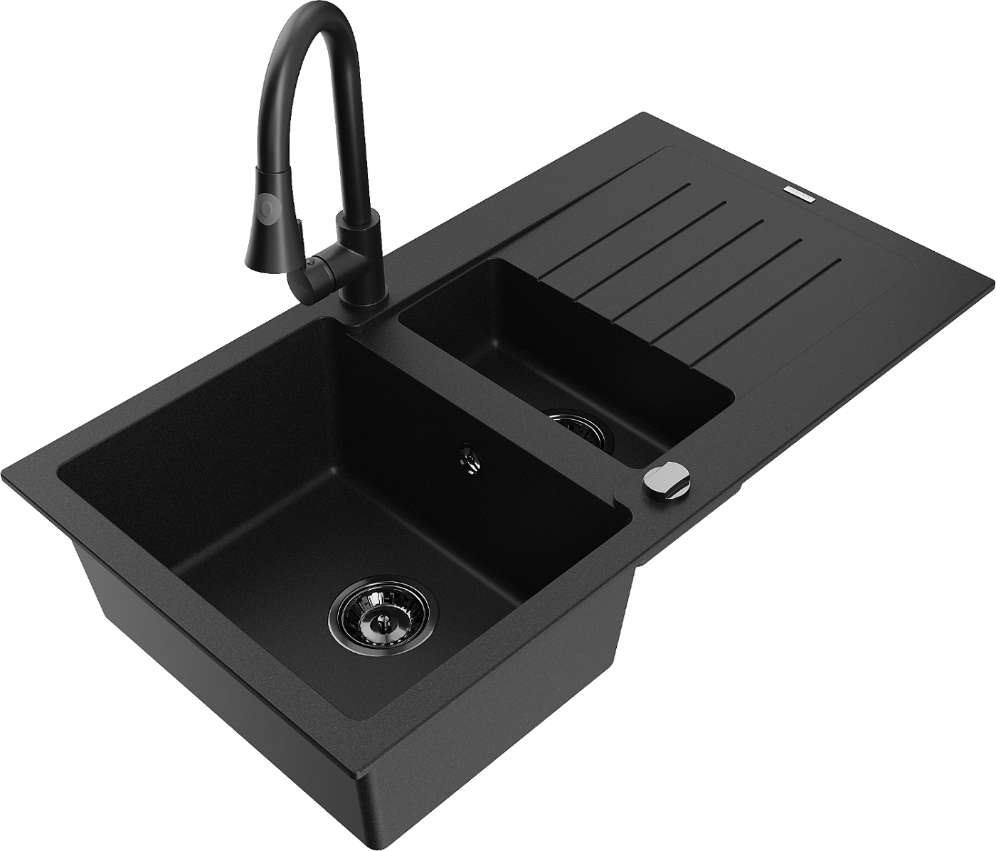 Mexen Matias zlewozmywak granitowy 1,5-komorowy z ociekaczem i baterią kuchenną Elia, czarny - 6502-77-670101-70-B